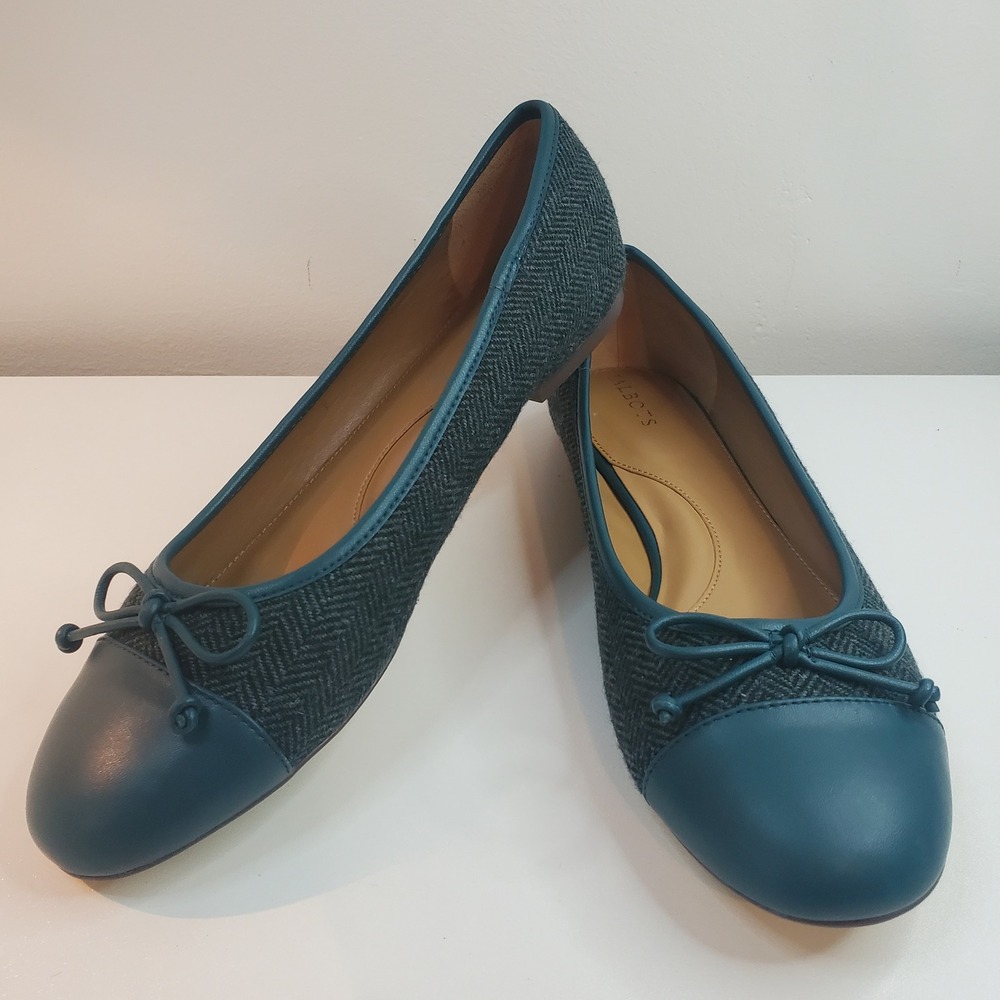 Talbots Teal Herringbone Wool Leather Cap Toe Ballet Flats Bow 10.5M